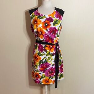 Floral Belted Sheath Dress - White Multi